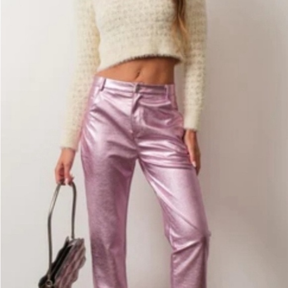 House of Harlow 1960 Pink Metallic Faux Leather Pants Women's Size 6 - Picture 2 of 5